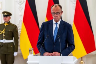 Federal Chancellor Friedrich Merz (CDU) speaks at a press conference after the meeting with Lithuanian President G. Nauseda at the Presidential Palace. Merz and Defense Minister Pistorirus take part in the ceremonial roll call of the German Armed Forces' 45th Armored Brigade in Lithuania.