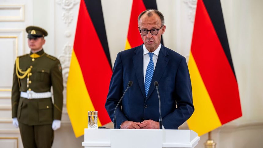Federal Chancellor Friedrich Merz (CDU) speaks at a press conference after the meeting with Lithuanian President G. Nauseda at the Presidential Palace. Merz and Defense Minister Pistorirus take part in the ceremonial roll call of the German Armed Forces' 45th Armored Brigade in Lithuania.