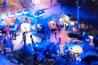 Heavy police presence and first responders near the scene where several were injured after being struck by a vehicle near Espanyol's RCDE Stadium in what the Catalan police are saying was an "accidental collision."
