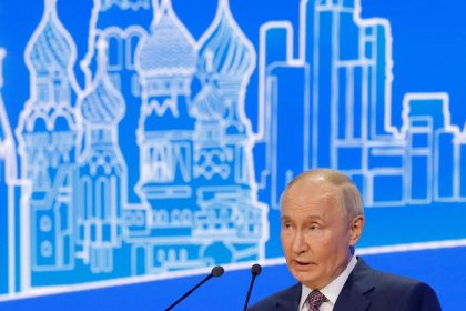 Russian President Vladimir Putin speaks during the Congress of the Russian Union of Industrialists and Entrepreneurs in Moscow, Russia, on March 18.