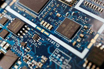 Semiconductor chips are seen on a circuit board of a computer on February 25, 2022.