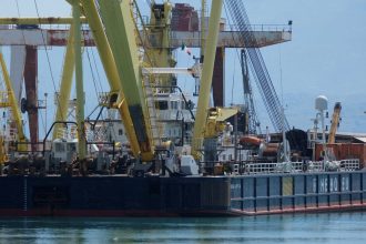 The floating crane ship HEBO LIFT 10, which will recover the "Bayesian" yacht of British tech entrepreneur Mike Lynch, is docked at the port of Termini Imerese ahead of the salvage operation off Porticello, near Palermo, Italy on May 3.