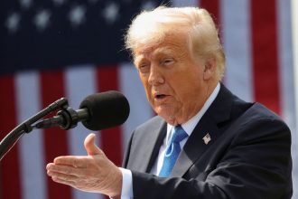 President Donald Trump speaks as he holds a signing ceremony for the Take it Down Act in the Rose Garden of the White House in Washington, DC, on May 19.