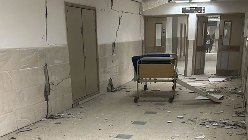 This photo courtesy of Dr. Saleh Al Hams, the head of nursing, shows destruction following a strike European hospital in Khan Younis, southern Gaza, on Tuesday.