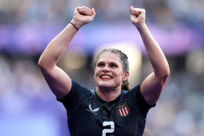 Ilona Maher of Team United States celebrates following victory during the Women's Rugby Sevens Bronze medal match between Team United States and Team Australia on day four of the Olympic Games Paris 2024 on July 30, 2024 in Paris.