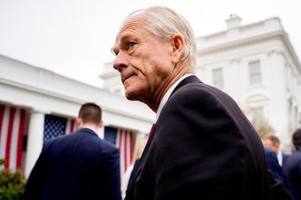 Peter Navarro departs after President Donald Trump signs executive orders imposing tariffs on imported goods during a "Make America Wealthy Again" trade announcement event in the Rose Garden at the White House on April 2 in Washington, DC.