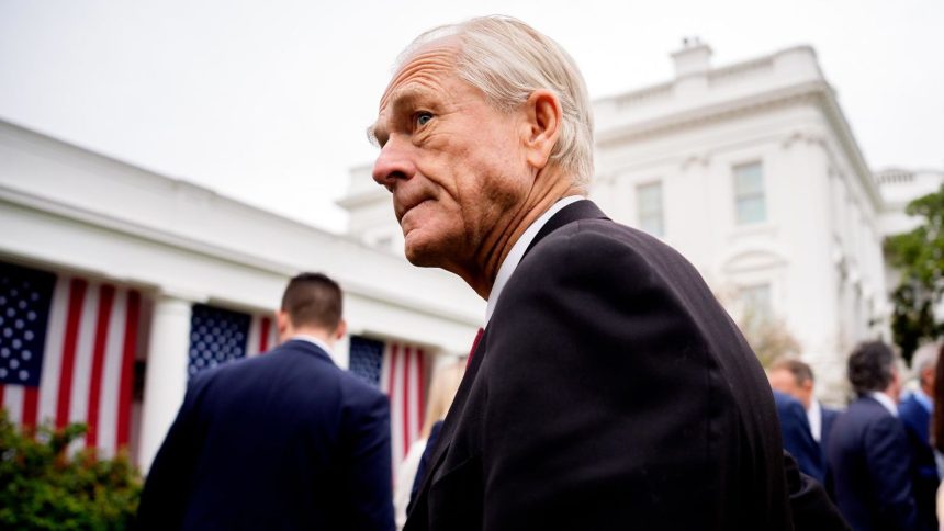 Peter Navarro departs after President Donald Trump signs executive orders imposing tariffs on imported goods during a "Make America Wealthy Again" trade announcement event in the Rose Garden at the White House on April 2 in Washington, DC.