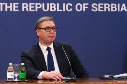 Serbian President Aleksandar Vucic speaks during a press conference in Belgrade, Serbia on April 6.