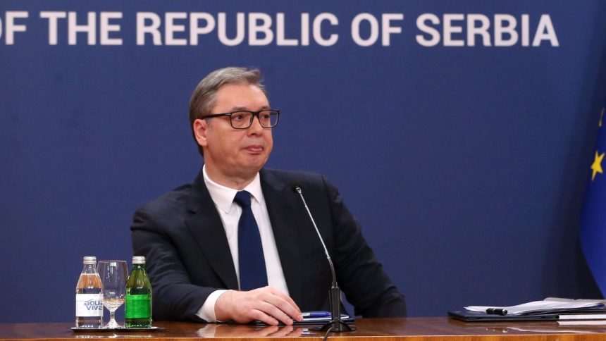 Serbian President Aleksandar Vucic speaks during a press conference in Belgrade, Serbia on April 6.
