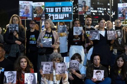 Protesters hold photos of hostages who were killed in Hamas captivity during Israel's annual Memorial Day for the fallen soldiers who died in the nation's conflicts and victims of nationalistic attacks on April 29 in Tel Aviv, Israel.