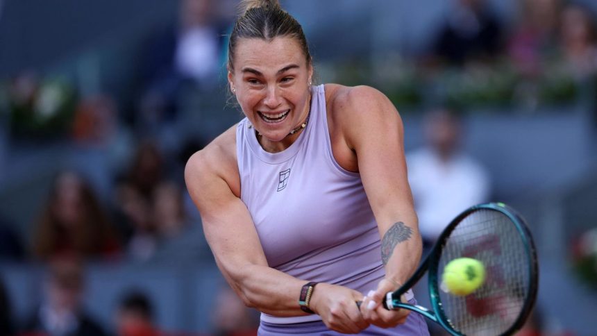 Belarus' Aryna Sabalenka returns the ball to US' Coco Gauff during their 2025 WTA Tour Madrid Open tennis tournament singles final match at the Caja Magica in Madrid, on May 3.