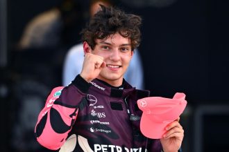 Sprint Pole qualifier Andrea Kimi Antonelli of Italy and Mercedes AMG Petronas F1 Team celebrates in parc ferme during Sprint qualifying ahead of the F1 Grand Prix of Miami at Miami International Autodrome on May 2 in Miami.