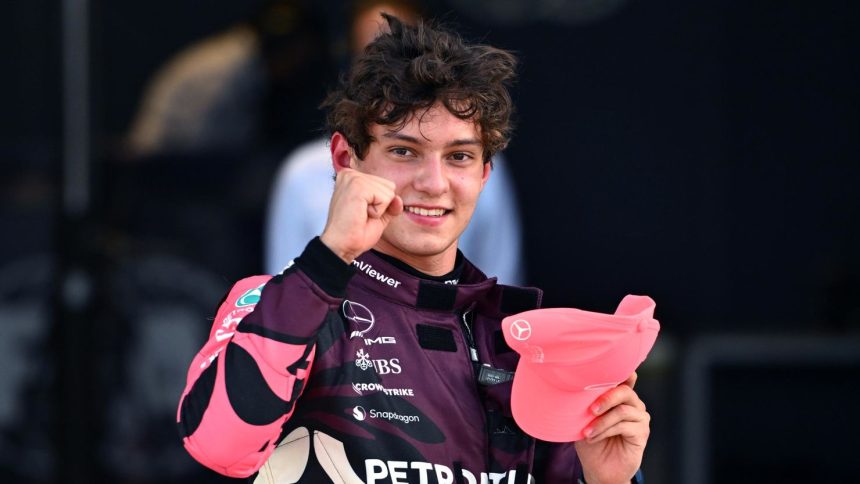 Sprint Pole qualifier Andrea Kimi Antonelli of Italy and Mercedes AMG Petronas F1 Team celebrates in parc ferme during Sprint qualifying ahead of the F1 Grand Prix of Miami at Miami International Autodrome on May 2 in Miami.
