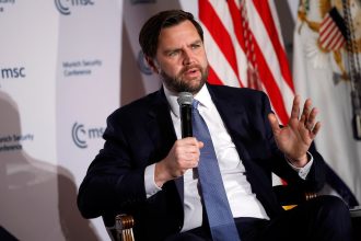 Vice President JD Vance delivers remarks to the Munich Leaders Meeting, hosted by the Munich Security Conference, at the Willard Hotel on May 7 in Washington, DC.