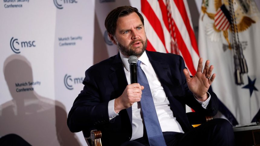 Vice President JD Vance delivers remarks to the Munich Leaders Meeting, hosted by the Munich Security Conference, at the Willard Hotel on May 7 in Washington, DC.