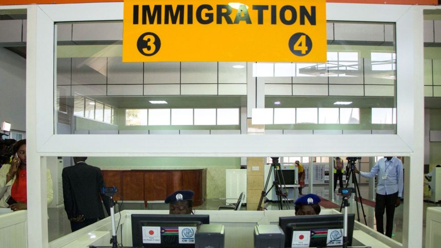 Immigration officers are seen at South Sudan's Juba International Airport in October 2018.