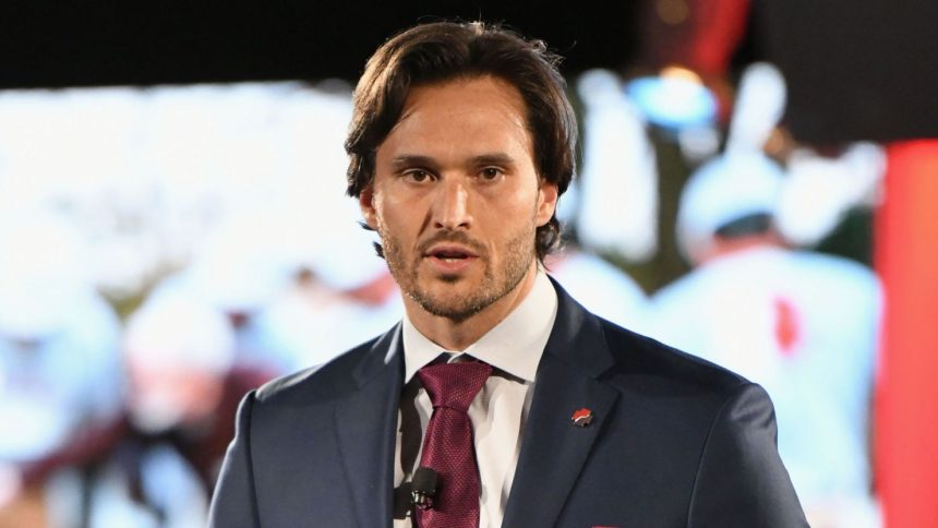Jake Wood speaks on stage during an event held for veterans and their service to community in New York on May 1, 2019.