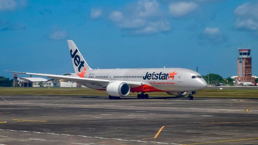 A Jetstar passenger plane prepares for take-off at the I Gusti Ngurah Rai International Airport in Denpasar on Indonesia's resort island of Bali on May 13, 2023.