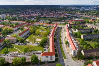 An aerial view of two of the town's planned residential complexes.