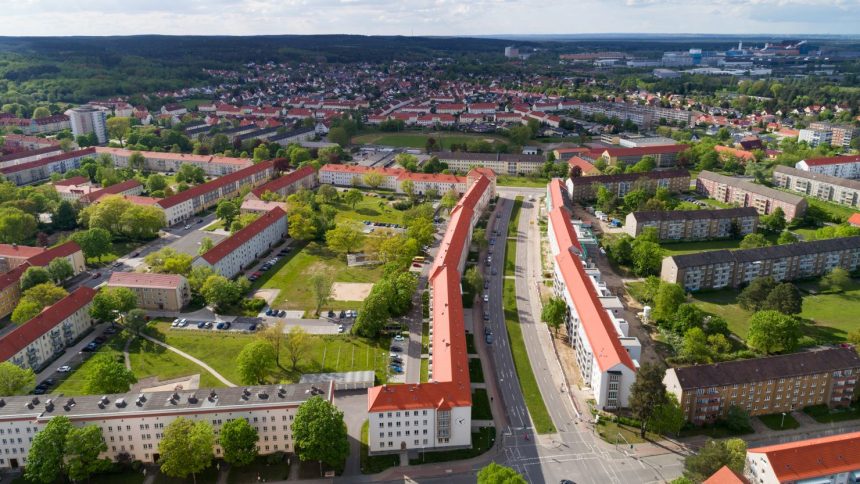 An aerial view of two of the town's planned residential complexes.