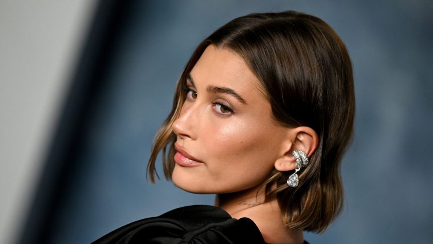 Hailey Bieber attends the Vanity Fair Oscar Party in Beverly Hills, California, on March 12, 2023.