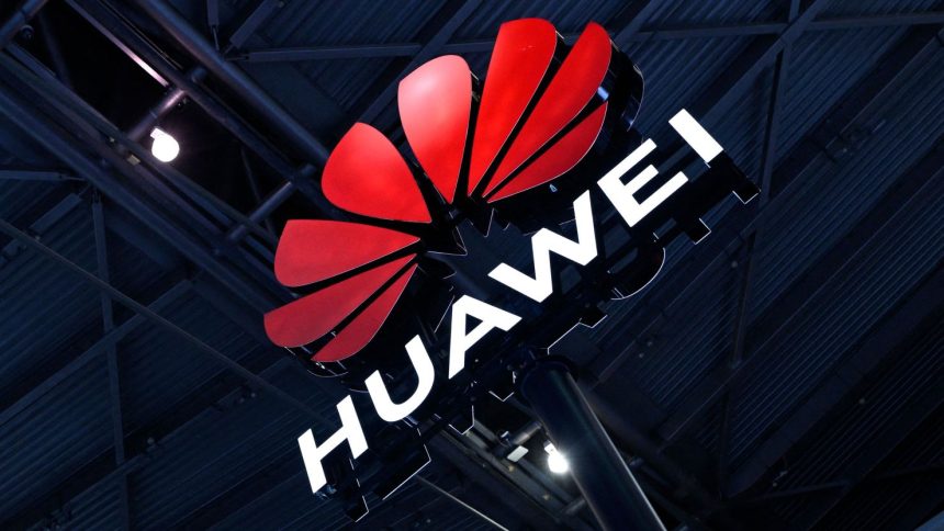 Huawei's logo during the 2023 World Artificial Intelligence Conference in Shanghai.