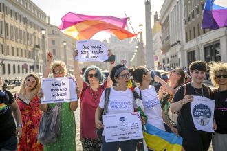 Italian lesbian mothers take part in a sit-in near the Vatican against the policies of the Italian government, on August 3, 2023 in Rome, Italy.