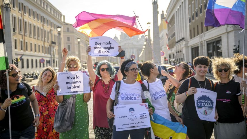 Italian lesbian mothers take part in a sit-in near the Vatican against the policies of the Italian government, on August 3, 2023 in Rome, Italy.
