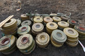 Anti-tank mines found during demining works in Kharkiv Region, northeastern Ukraine.