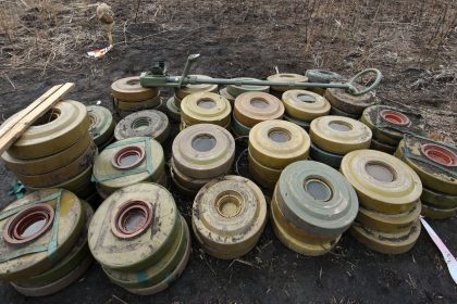 Anti-tank mines found during demining works in Kharkiv Region, northeastern Ukraine.