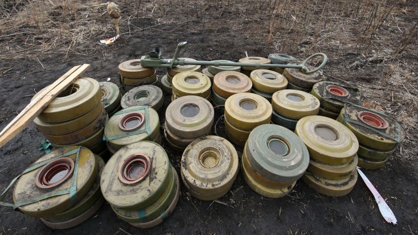 Anti-tank mines found during demining works in Kharkiv Region, northeastern Ukraine.
