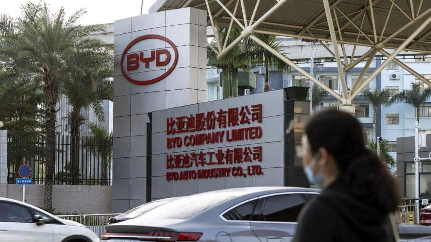 Signage at the BYD Co. headquarters in Shenzhen, China, on Monday, January 15, 2024.
