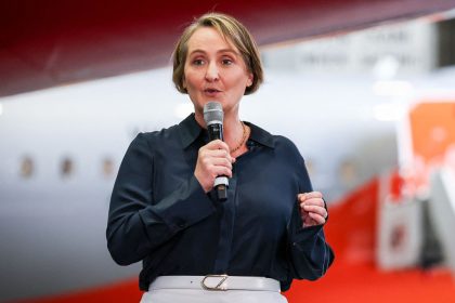 Qantas Airways CEO Vanessa Hudson announces half-year earnings at Sydney's Kingsford Smith airport in February 2024.