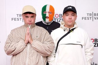 Móglaí Bap, Dj Provaí, and Mo Chara of Kneecap at the "Kneecap" Premiere on June 9, 2024 in New York City.