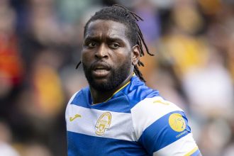 Jay Emmanuel-Thomas is seen playing for Scottish side Greenock Morton before the club released him in Glasgow, Scotland.