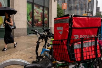 A Doordash bag on a bicycle in New York, seen in August 2024.