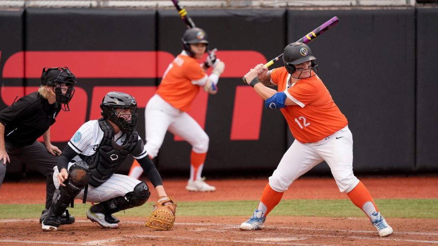 Taylor Edwards takes her at-bat during an Athletes Unlimited Pro game at Max R. Joyner Family Stadium in an August 2024 game. Edwards is among the players who will be taking part in the Athletes Unlimited Softball League's inaugural season this year.