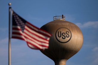 A water tower at the US Steel Edgar Thomson Works steel mill in Braddock, Pennsylvania.