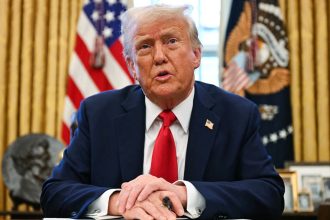 US President Donald Trump speaks to the press in the Oval Office at the White House, in Washington, DC, on February 3.