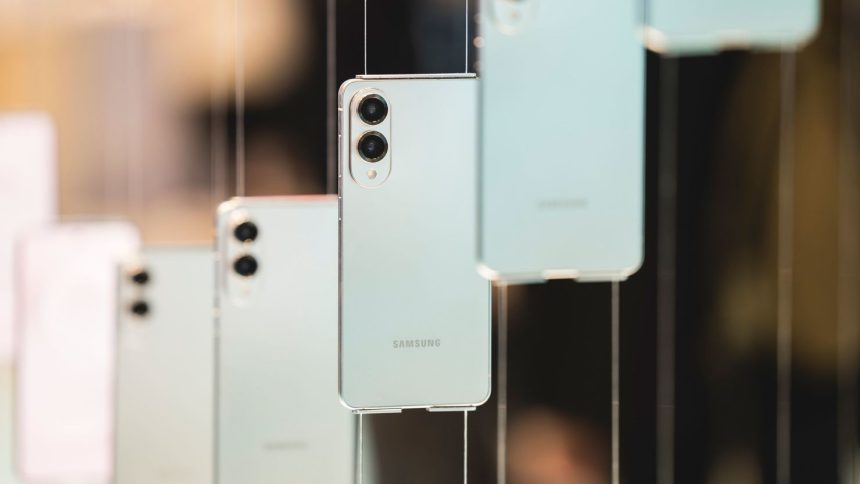 Samsung smartphones are exposed at Samsung booth in Mobile World Congress 2025 on March 03, 2025 in Barcelona, Spain.