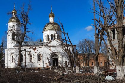 A view of destructions in the village of Kazachya Loknya, which was previously held by Ukrainian troops and recently retaken by Russia's armed forces, in the Sudzha district of the Kursk region on March 18, 2025.