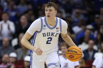 Duke Blue Devils' Cooper Flagg playing against the Alabama Crimson Tide during the NCAA men's basketball tournament's Elite Eight in March.