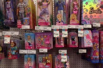 Barbie toy products, made by Mattel, for sale at a store in New York City on April 10.
