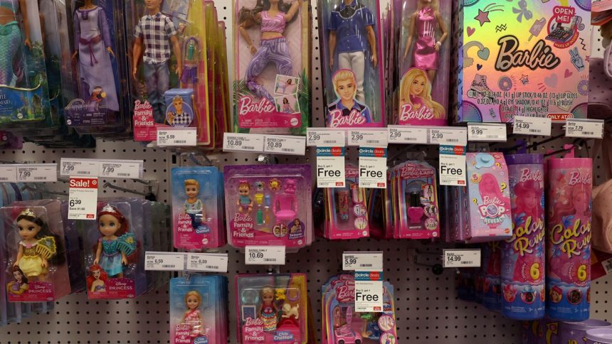 Barbie toy products, made by Mattel, for sale at a store in New York City on April 10.