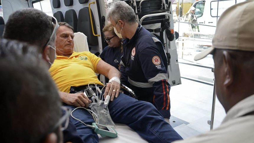 Former Brazilian president Jair Bolsonaro arrives by ambulance at the Rio Grande Hospital in Brazil on Friday.