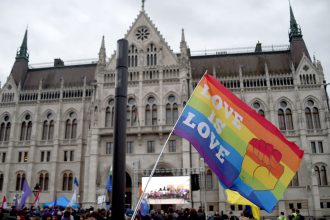A rally in front of the Hungarian Parliament in Budapest, Hungary, on April 14, 2025, after legislation outlawing LGBTQ gatherings was passed.