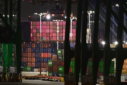 Shipping containers stacked high at the Port of Los Angeles on April 14, 2025, in Los Angeles. Imports arriving at the country's busiest seaport could see a slowdown by May as orders are paused in response to President Donald Trump's tariffs on China and other countries.