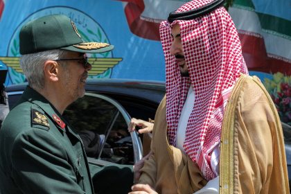 Iran's Armed Forces Chief of Staff Major-General Mohammed Bagheri (L) receiving Saudi Arabia's Defence Minister Prince Khalid bin Salman in Tehran on Thursday.