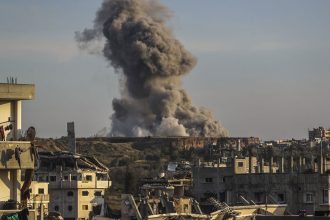 Smoke rises after Israeli attacks in the Tuffah neighborhood of Gaza City on April 17, 2025.