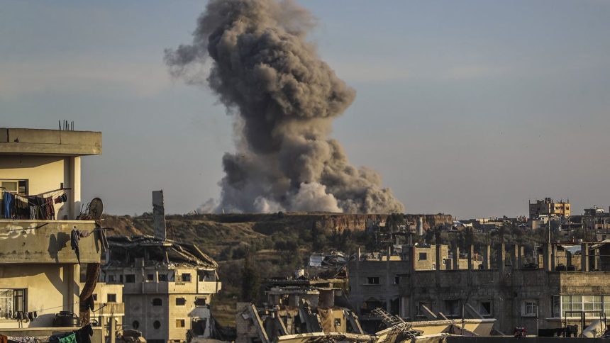 Smoke rises after Israeli attacks in the Tuffah neighborhood of Gaza City on April 17, 2025.